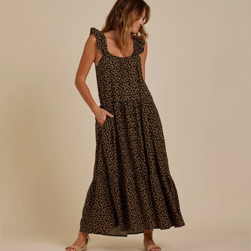 Rylee + Cru Abbie Tiered Maxi Dress in Black Floral Size S NWT